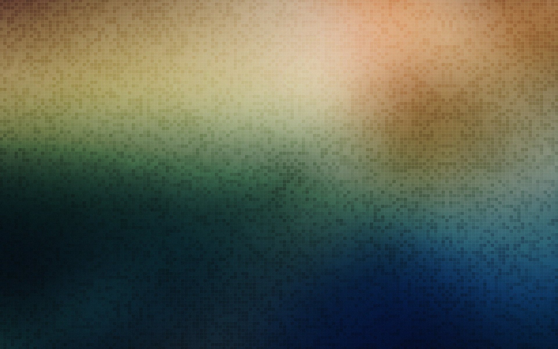 Artistic pixel-art abstract gradient from warm ochre to teal and deep blue with textured noise — 2K Quad HD PC desktop wallpaper/background.