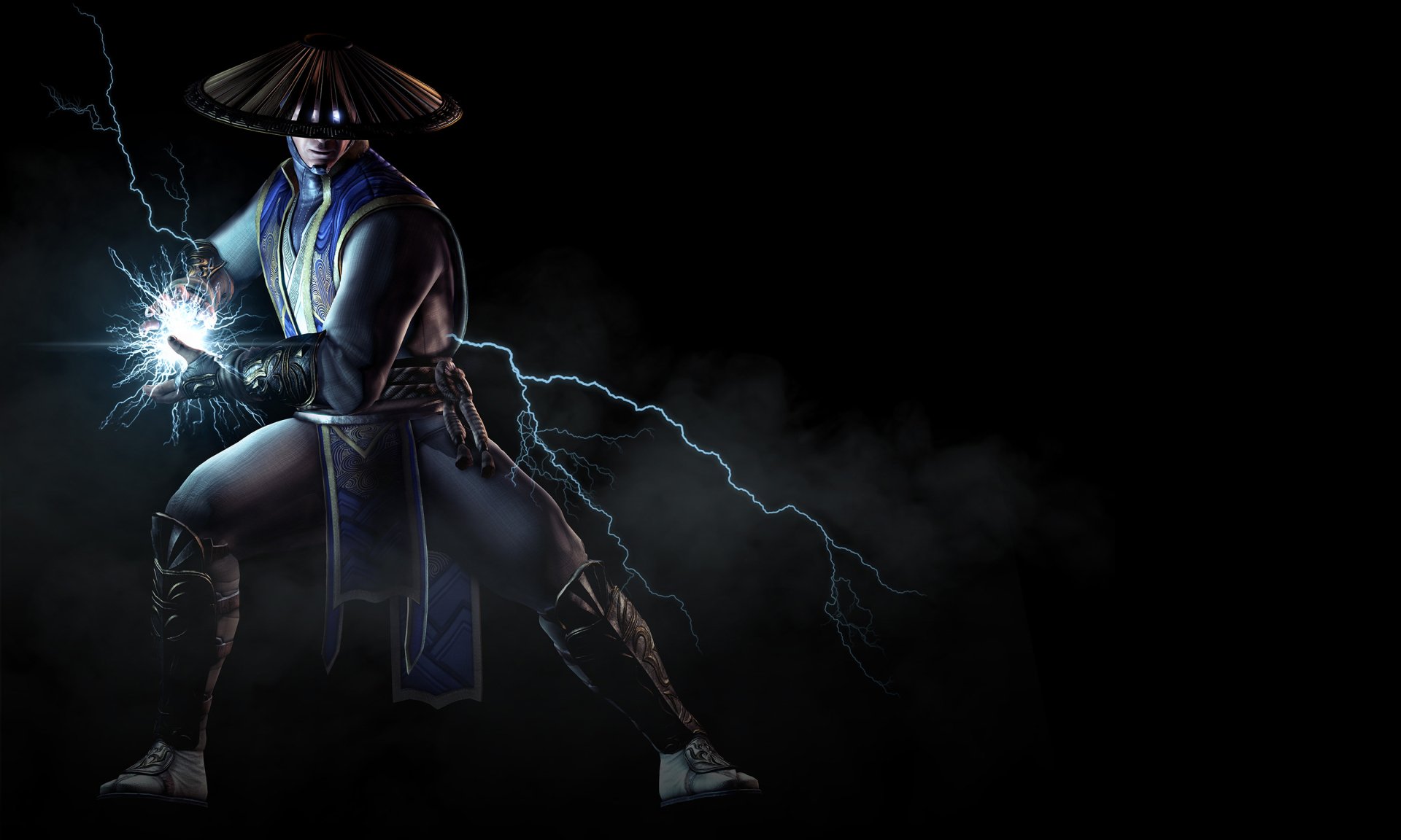 HD wallpaper of Mortal Kombat X, featuring a character in dynamic lighting, conjuring lightning in a dramatic dark background.