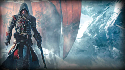 Shay Cormac stands confidently in this HD wallpaper from Assassin's Creed: Rogue, featuring a dramatic backdrop with ships and icy landscapes, embodying the game's adventurous spirit.