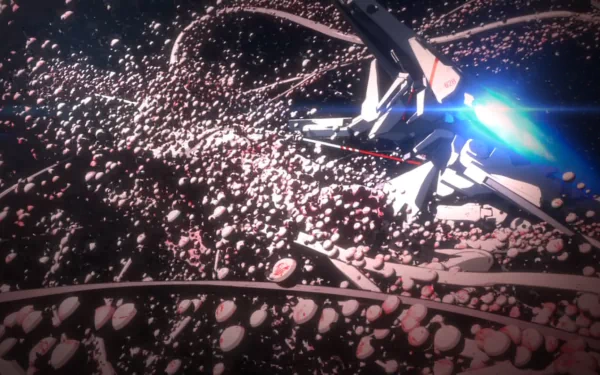HD wallpaper of Knights of Sidonia featuring a mecha amidst a debris field in space.