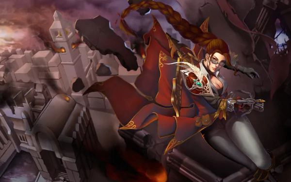 Vayne from League of Legends in a dynamic pose overlooking a dark, ruined cityscape. 4K Ultra HD video game wallpaper for PC desktop background.