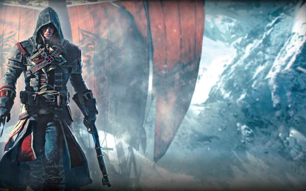Shay Cormac stands confidently in this HD wallpaper from Assassin's Creed: Rogue, featuring a dramatic backdrop with ships and icy landscapes, embodying the game's adventurous spirit.