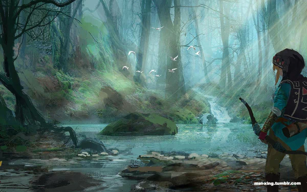 A serene HD wallpaper from The Legend of Zelda: Breath of the Wild, featuring a character in a lush forest by a stream, illuminated by soft sunlight and surrounded by nature.