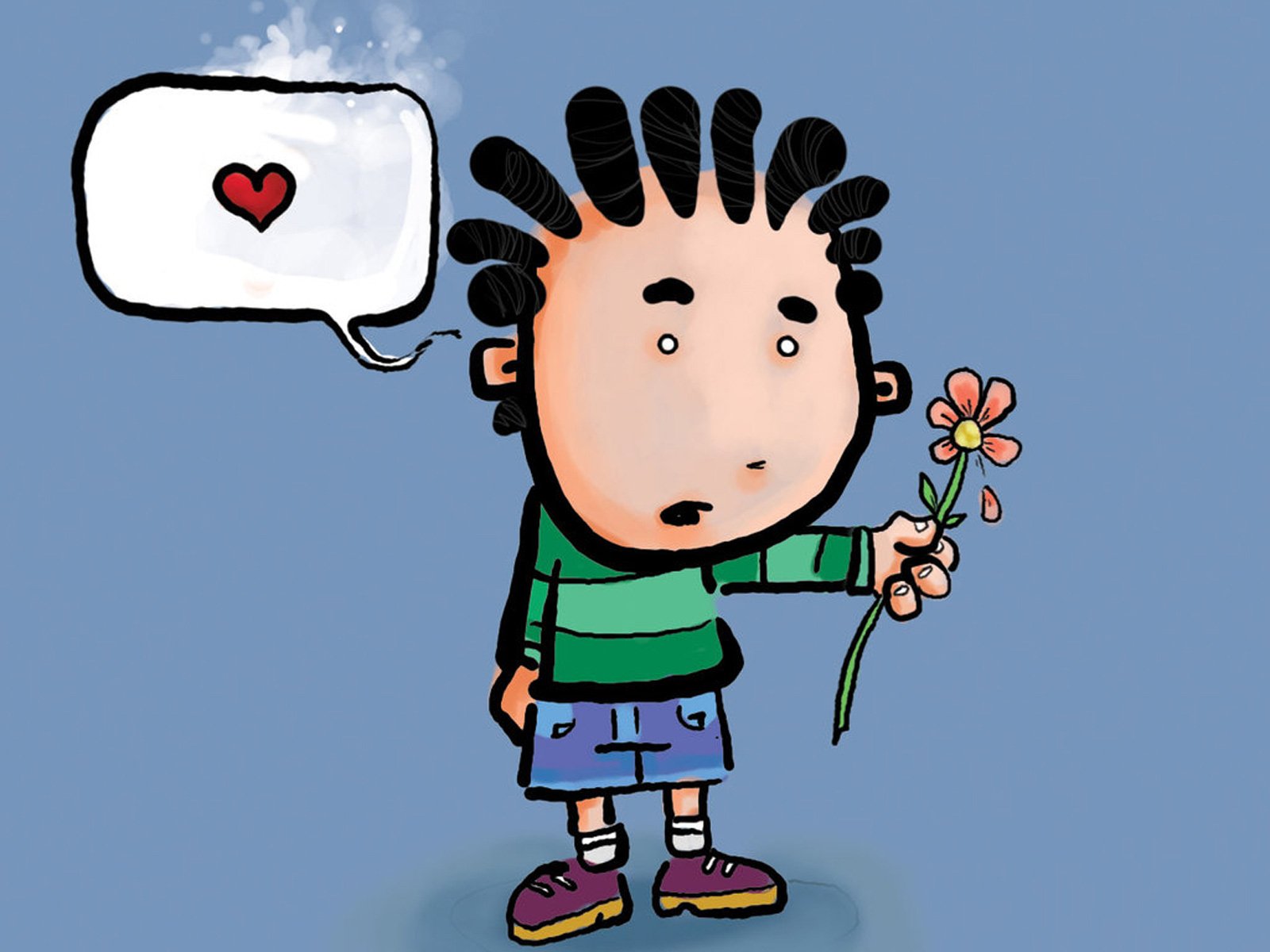 A whimsical illustration of a child holding a flower, expressing love with a heart in a speech bubble. This artistic design makes a charming HD wallpaper or background.