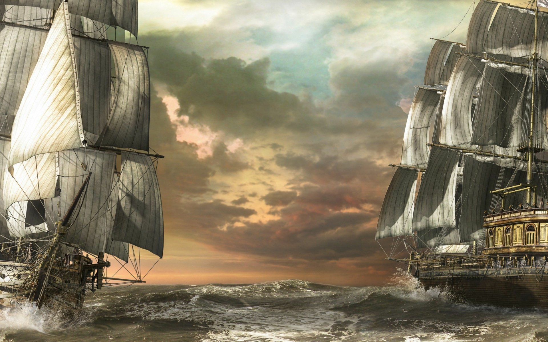A stunning fantasy scene featuring two majestic ships navigating turbulent waters under a dramatic sky, making it an ideal desktop wallpaper for enthusiasts of adventure and maritime tales.