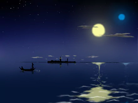 HD PC desktop wallpaper featuring a serene night scene from the anime Aria, with a glowing moon, calm water, and silhouetted gondolas under a starry sky.