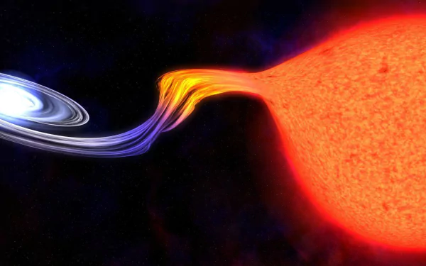 A vivid sci-fi scene depicting a black hole siphoning energy from a nearby star, creating a stunning visual effect against the cosmic backdrop. HD desktop wallpaper and background.