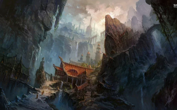 A breathtaking HD fantasy temple nestled within towering rocky cliffs, bathed in soft, mystical light, captured as a detailed PC desktop wallpaper and background.