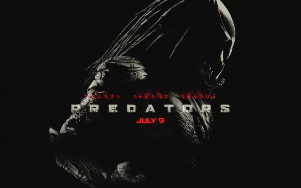 HD PC desktop wallpaper featuring a dark, shadowed close-up of the Predator from the movie Predators with the release date July 9 displayed.
