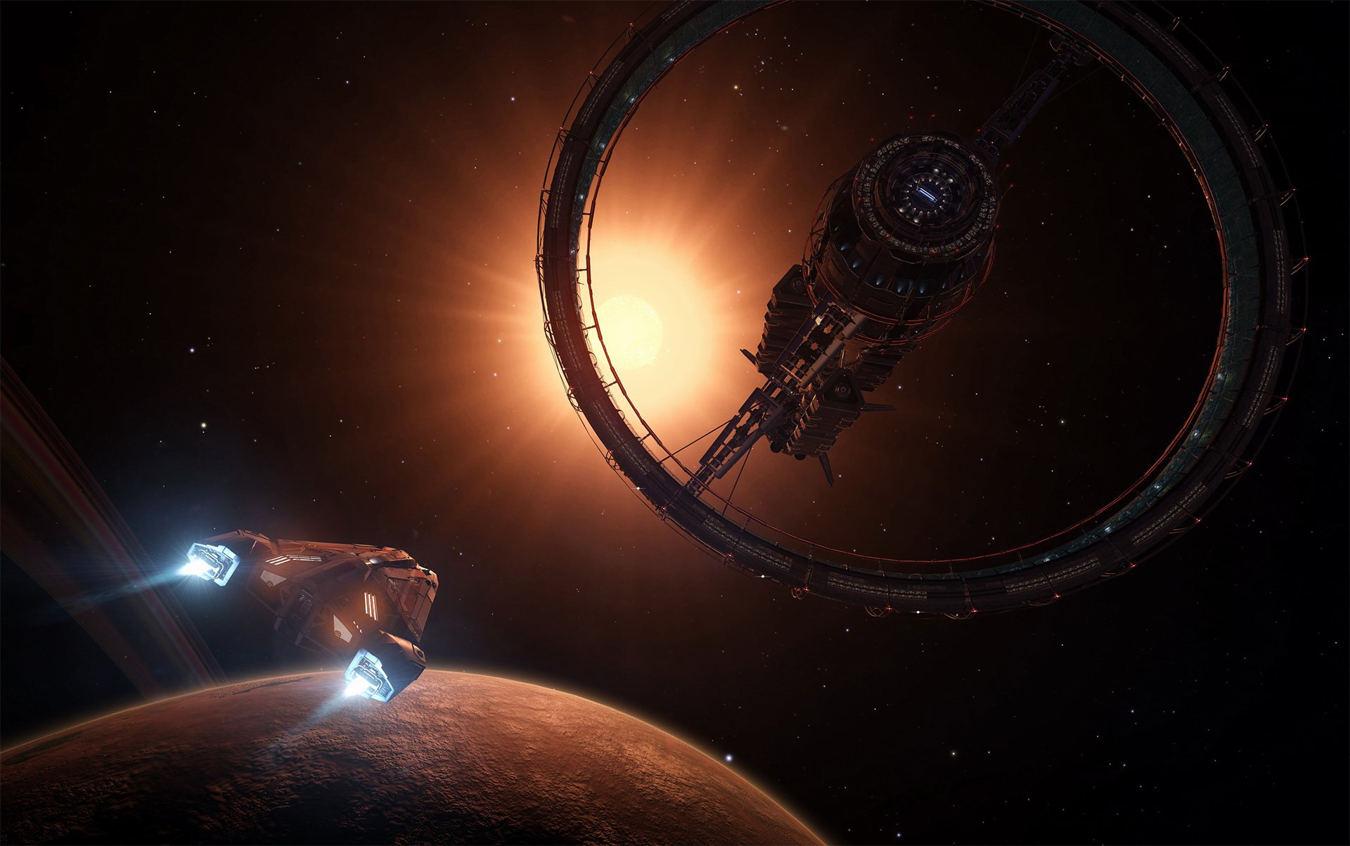 HD desktop wallpaper from the video game Elite: Dangerous, depicting a spaceship approaching a large ring-shaped space station orbiting a planet with the sun glowing in the background.