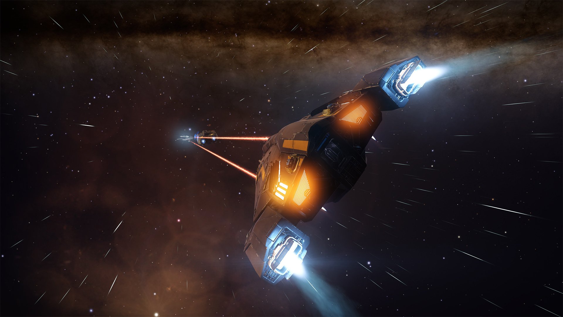 HD PC desktop wallpaper showcasing a spaceship firing lasers in deep space from the video game Elite: Dangerous, set against a dark cosmic background.