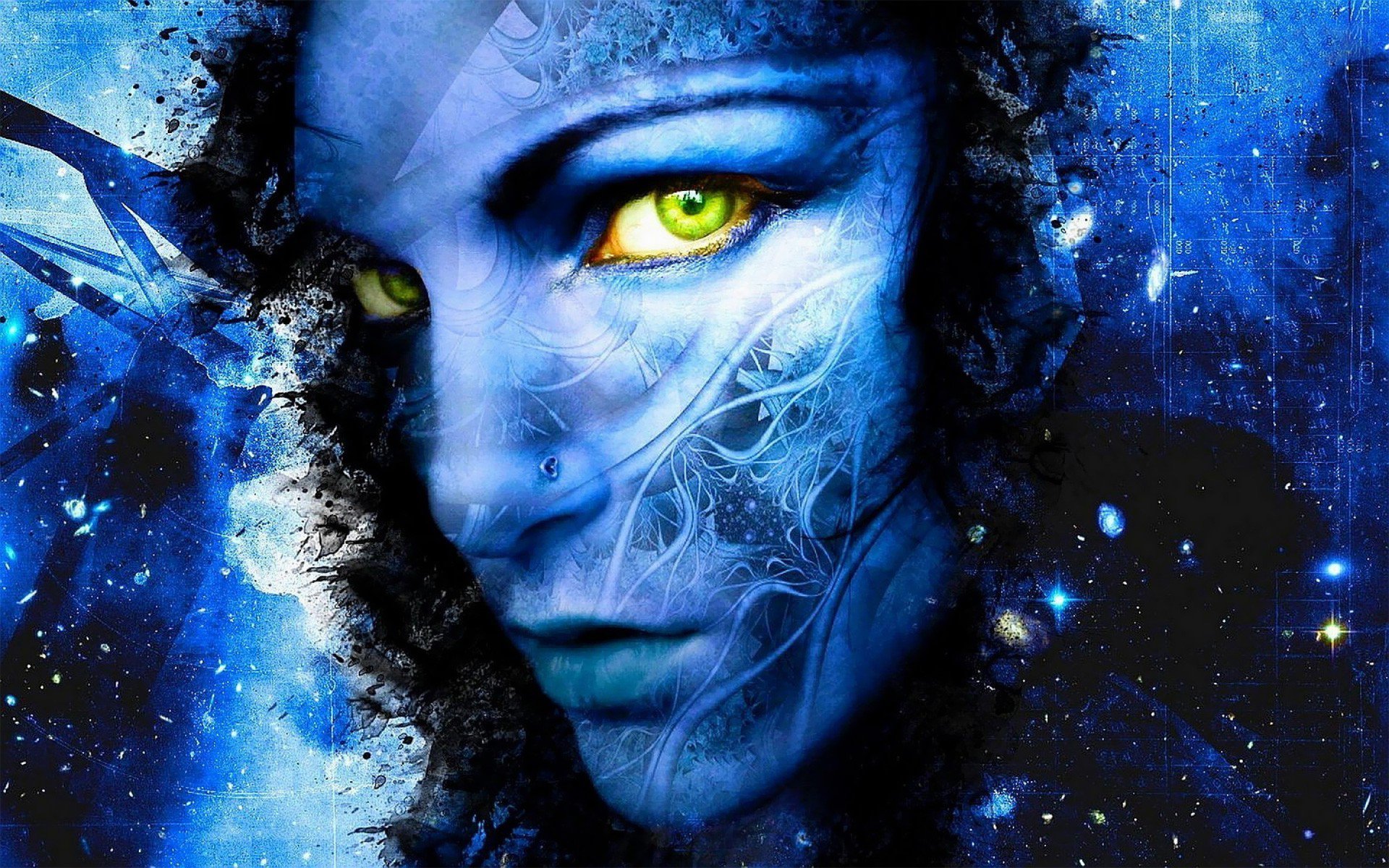HD fantasy desktop wallpaper featuring a mysterious woman with glowing green eyes and intricate blue patterns blending into an abstract cosmic background.