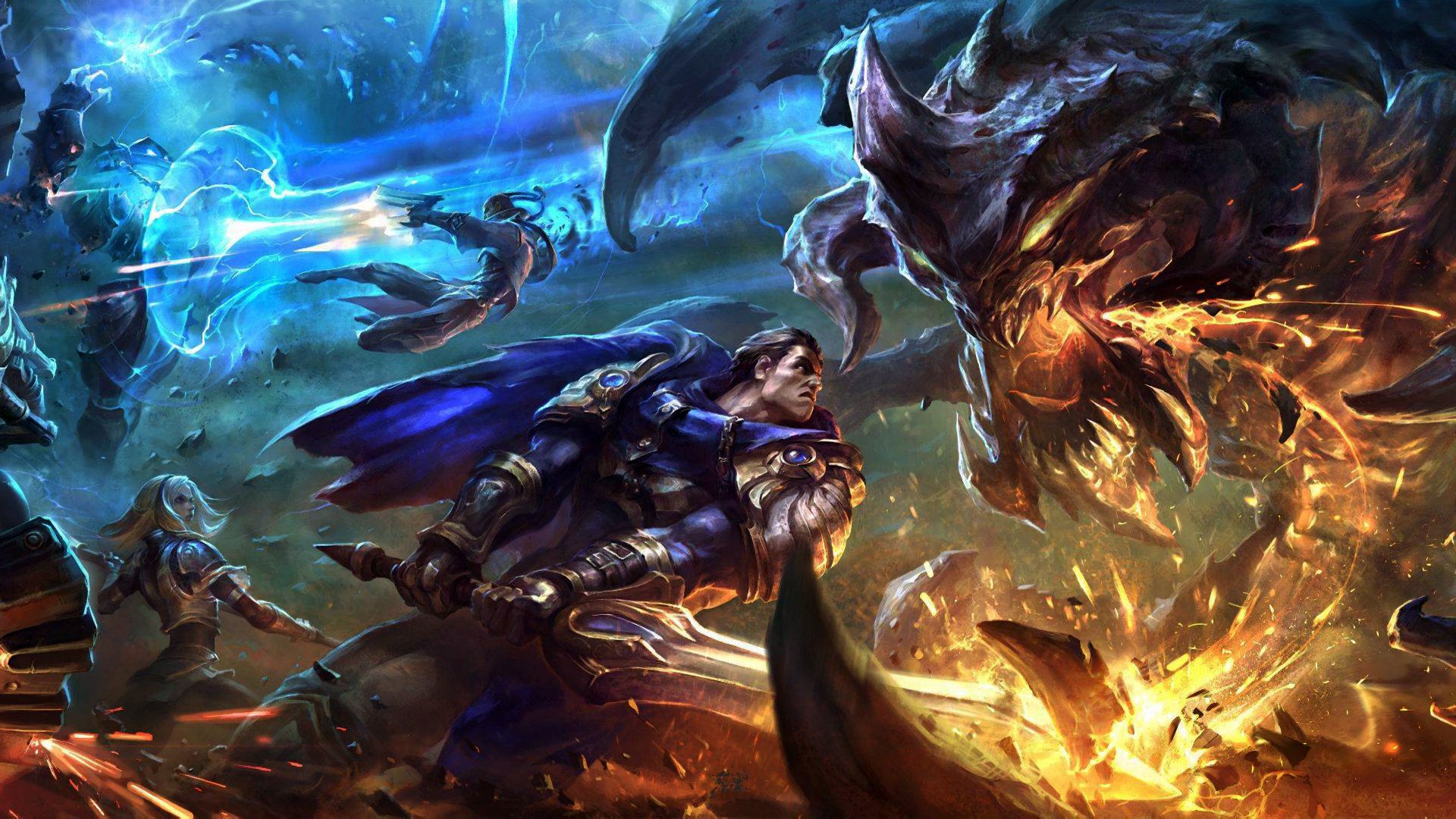 HD PC wallpaper featuring dynamic League of Legends characters engaged in an intense battle scene with vibrant blue and fiery orange effects.