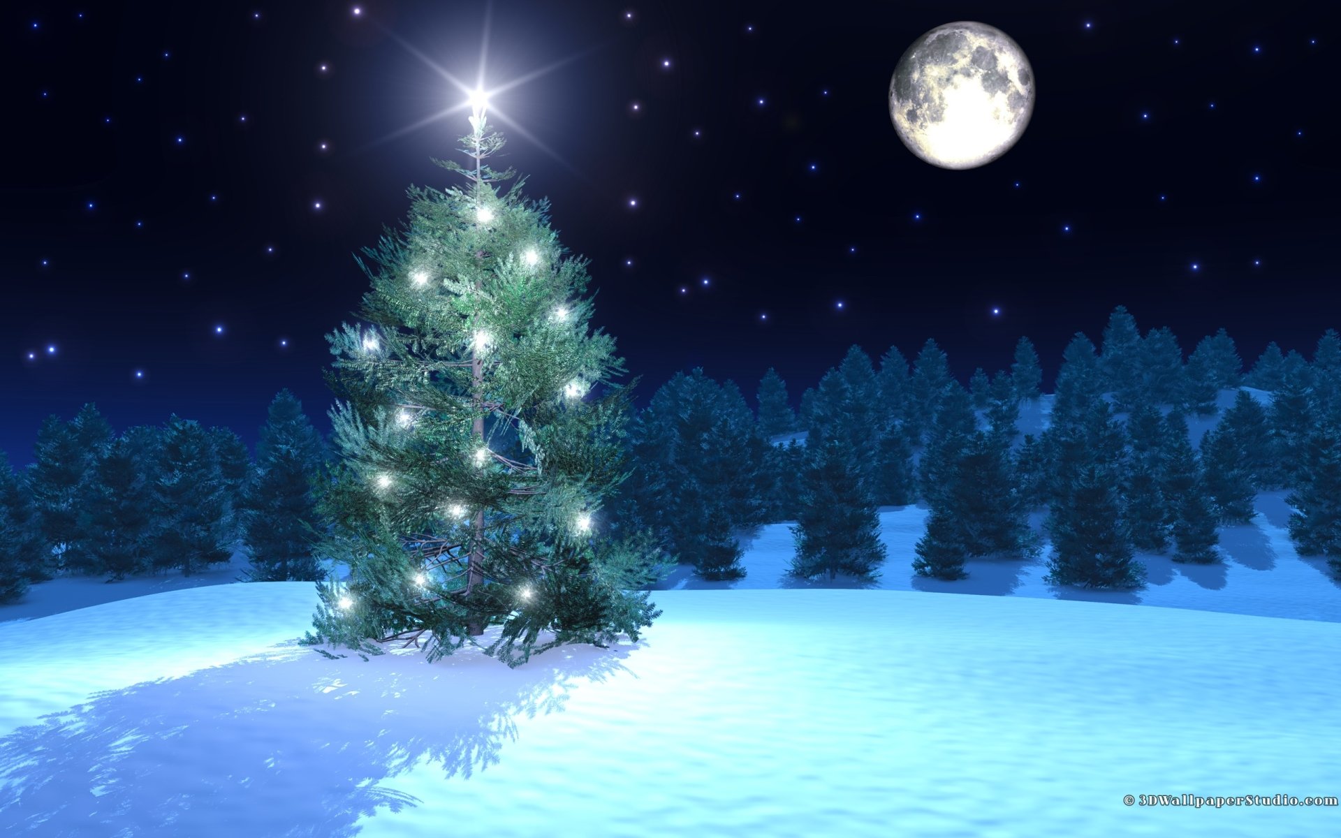 HD desktop wallpaper featuring a glowing Christmas tree under a starry night sky with a full moon, surrounded by snowy landscape and pine trees for the holiday season.