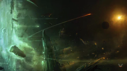 HD PC desktop wallpaper from the video game Elite: Dangerous, depicting a dramatic space battle with ships and glowing celestial objects.