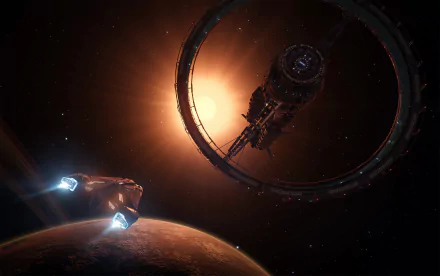 HD desktop wallpaper from the video game Elite: Dangerous, depicting a spaceship approaching a large ring-shaped space station orbiting a planet with the sun glowing in the background.
