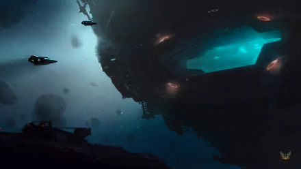 A stunning HD wallpaper featuring a dramatic scene from Elite: Dangerous, showcasing spacecraft navigating through dark, mysterious space with glowing elements.