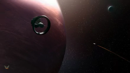 A striking HD wallpaper from the game Elite: Dangerous, featuring a spaceship and a distant planet, set against a starry cosmic backdrop.