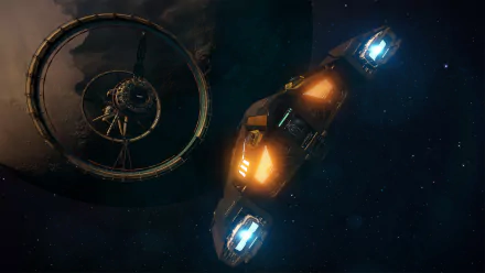 A sleek spacecraft navigates through space alongside a circular space station, capturing the essence of the video game Elite: Dangerous in this HD PC desktop wallpaper.