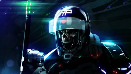 HD PC desktop wallpaper featuring a dark, futuristic skull-faced figure in a helmet, illuminated by neon blue and green lights in a sci-fi setting.