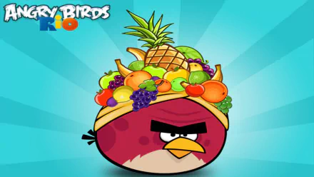 HD PC desktop wallpaper from Angry Birds Rio: a red bird wearing a colorful tropical fruit headdress on a turquoise sunburst background.