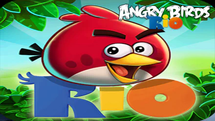 HD PC desktop wallpaper for the Angry Birds Rio video game: the red bird grinning amid bright tropical leaves with the Angry Birds Rio logo.