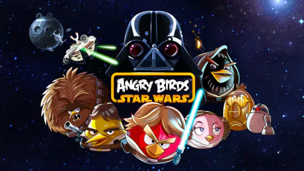 HD PC desktop wallpaper featuring Angry Birds characters dressed as Star Wars heroes and villains in a cosmic space setting with the Angry Birds: Star Wars logo.