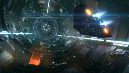A dynamic HD wallpaper from Elite: Dangerous, showcasing a sleek spaceship navigating a futuristic space station with vibrant lights and intricate details in the background.