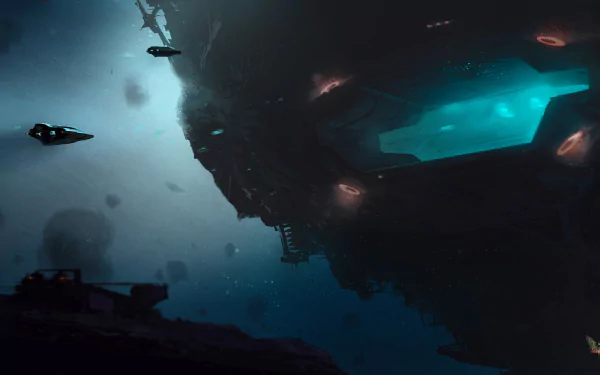A stunning HD wallpaper featuring a dramatic scene from Elite: Dangerous, showcasing spacecraft navigating through dark, mysterious space with glowing elements.