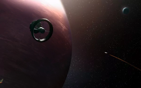 A striking HD wallpaper from the game Elite: Dangerous, featuring a spaceship and a distant planet, set against a starry cosmic backdrop.