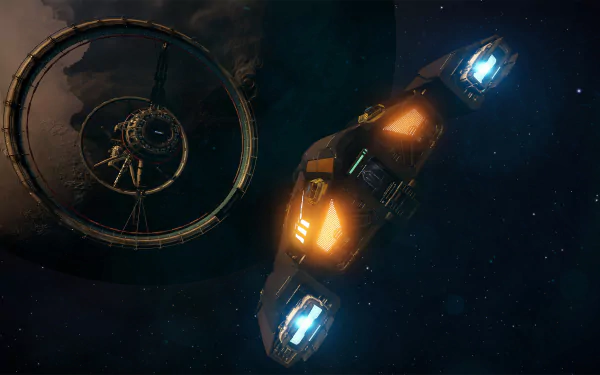A sleek spacecraft navigates through space alongside a circular space station, capturing the essence of the video game Elite: Dangerous in this HD PC desktop wallpaper.