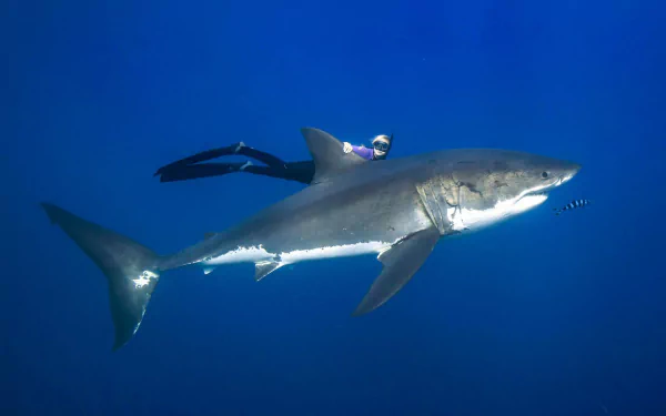 HD PC desktop wallpaper featuring a great white shark swimming in deep blue ocean water, highlighting the shark's powerful and streamlined body.