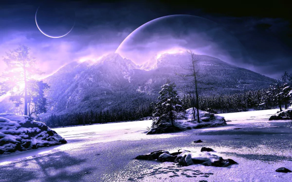 HD Sci-Fi winter landscape wallpaper showcasing a frozen terrain under a glowing purple sky with mountains and two crescent moons in the background.
