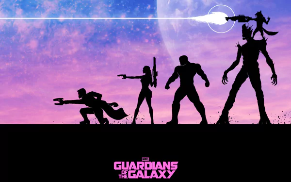 Silhouettes of Guardians of the Galaxy characters against a vibrant purple sky and moon, featured as an HD PC desktop wallpaper and background.