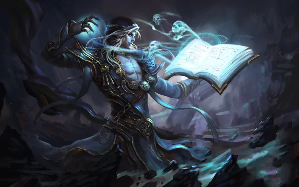 A fantasy sorcerer conjures magic from an open book, surrounded by ethereal spirits. This captivating image serves as a stunning HD desktop wallpaper and background.