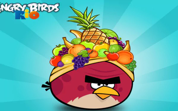 HD PC desktop wallpaper from Angry Birds Rio: a red bird wearing a colorful tropical fruit headdress on a turquoise sunburst background.