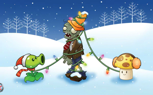 HD PC desktop wallpaper featuring characters from the video game Plants Vs. Zombies in a snowy winter scene with colorful holiday lights.