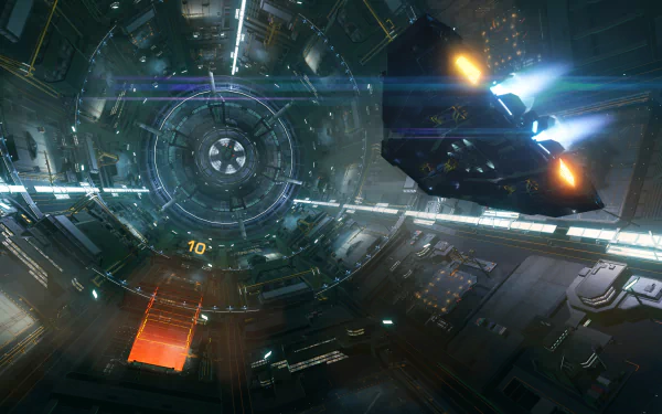 A dynamic HD wallpaper from Elite: Dangerous, showcasing a sleek spaceship navigating a futuristic space station with vibrant lights and intricate details in the background.