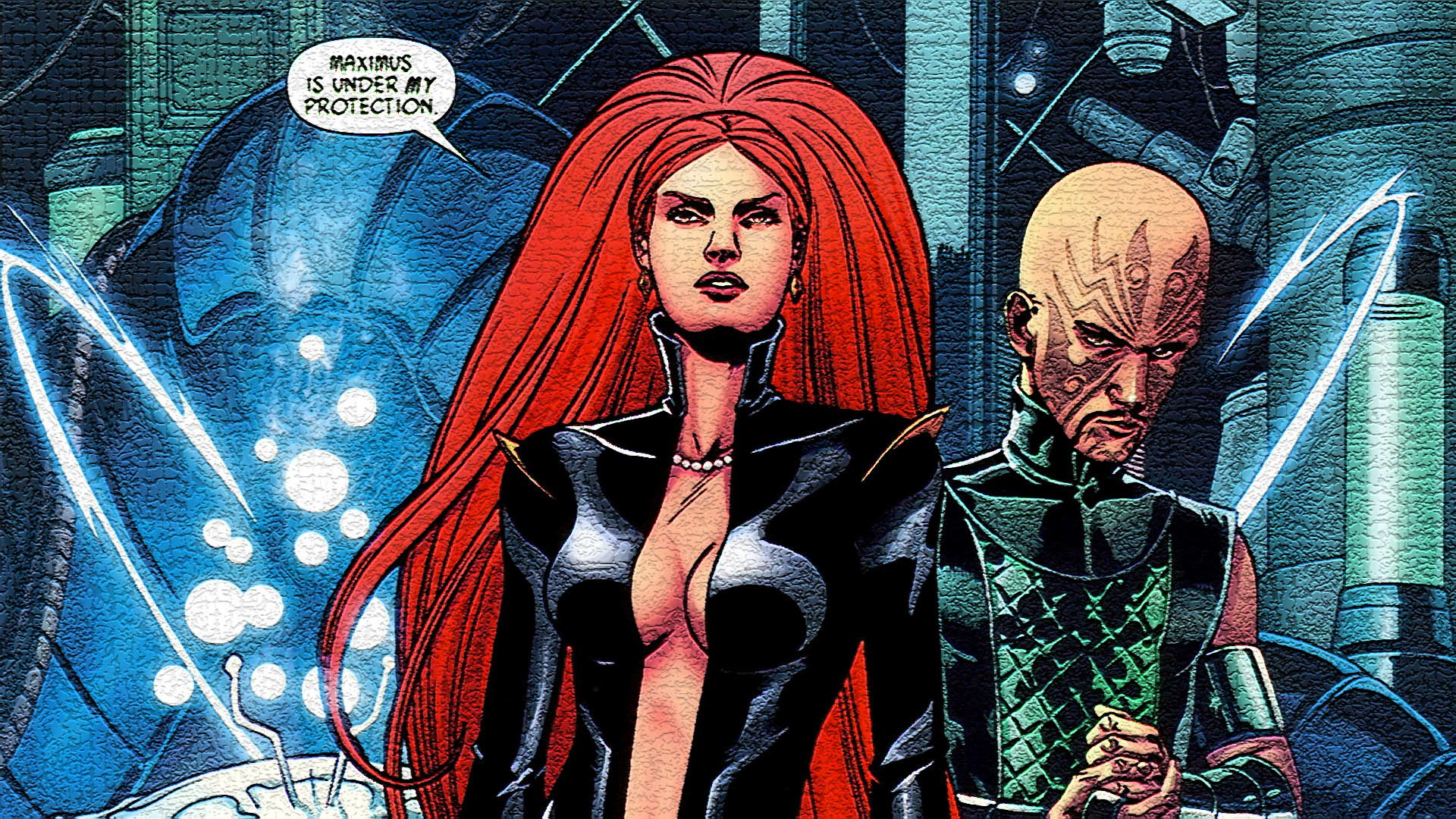 HD comic-style desktop wallpaper featuring Medusa with striking red hair and a stern expression, accompanied by a bald character in a futuristic setting.