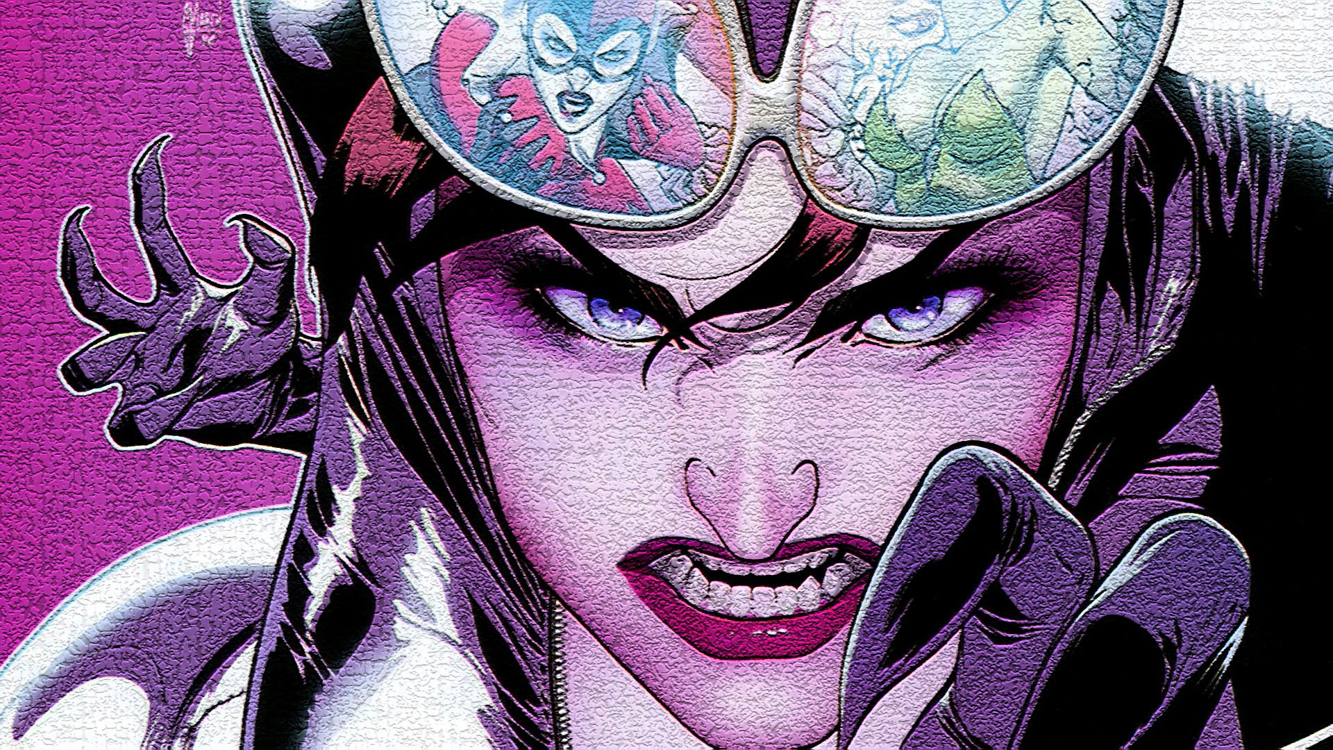 HD comic wallpaper featuring Catwoman from Gotham City Sirens, showcasing her fierce expression and reflective goggles with a detailed close-up of her face.