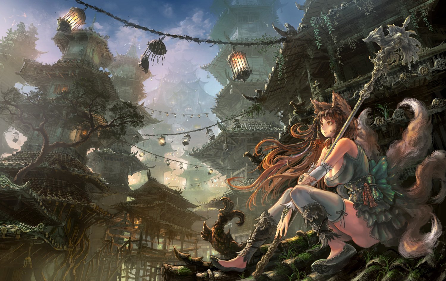 Anime-inspired HD desktop wallpaper featuring a serene scene with a character surrounded by traditional architecture, illuminated lanterns, and lush greenery.