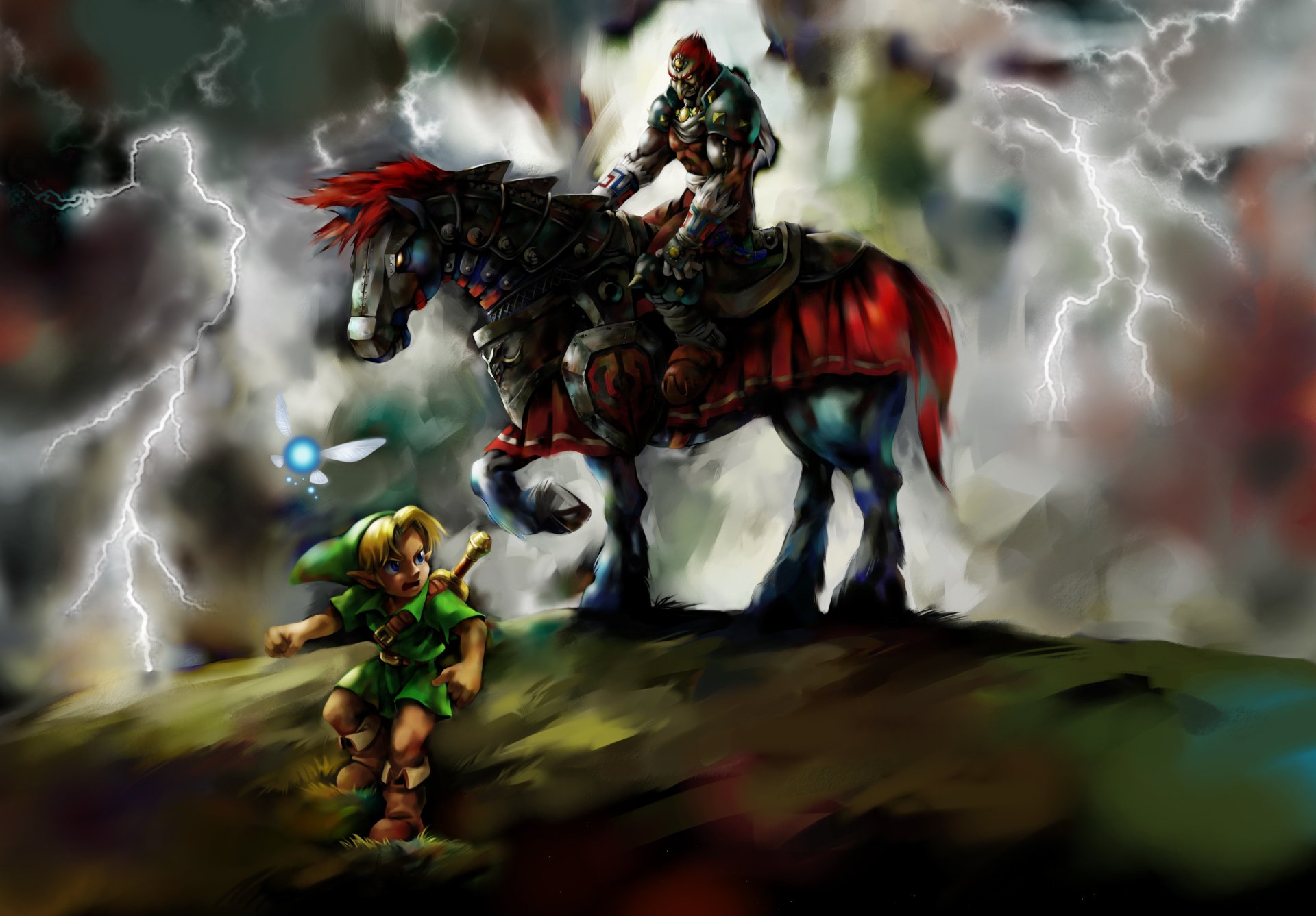 4K Ultra HD desktop wallpaper featuring Link and his horse Epona from The Legend of Zelda: Ocarina of Time, set against a stormy sky with lightning.