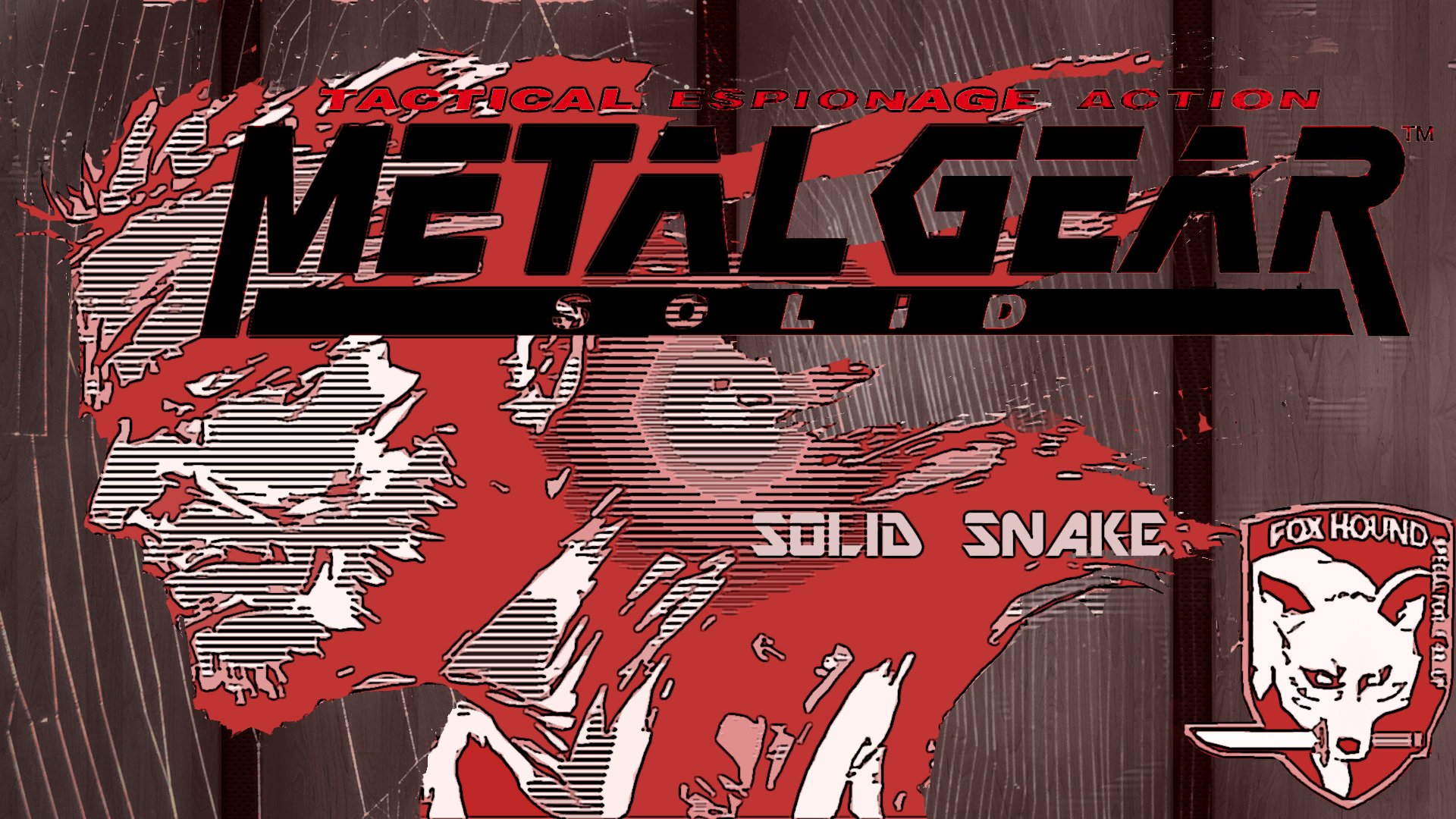 HD PC desktop wallpaper/background: video game Metal Gear Solid art — stylized red-and-black image of Solid Snake, game logo and fox emblem.