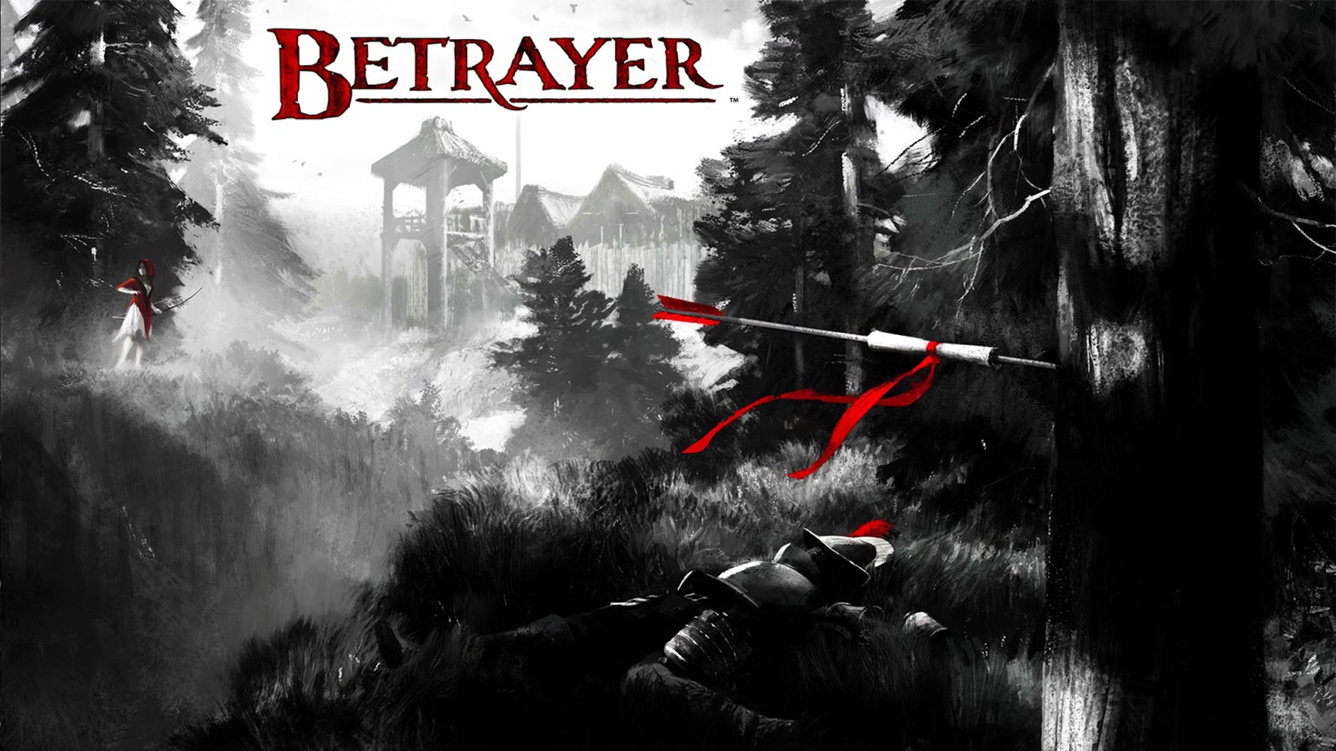 HD PC desktop wallpaper for the video game Betrayer: monochrome forest with red accents, masked archer in shadows, ruined tower and fallen warrior.