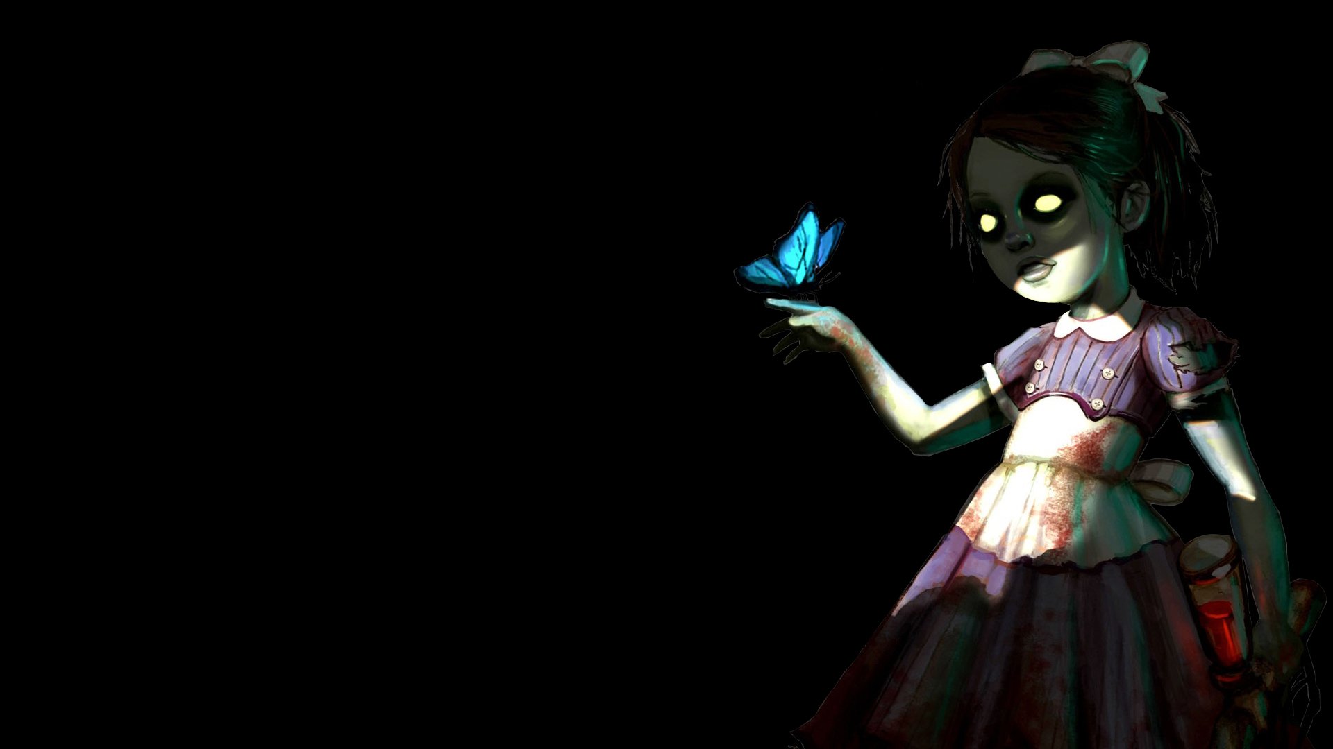 HD PC desktop wallpaper from the video game Bioshock featuring a glowing-eyed Little Sister holding a blue butterfly against a dark background.