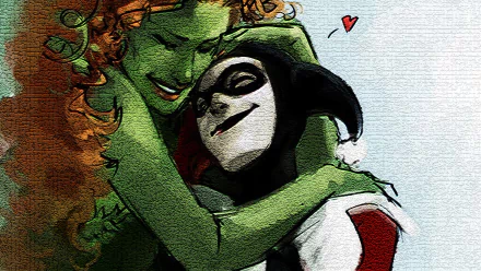 HD desktop wallpaper of Gotham City Sirens featuring a warm embrace between Poison Ivy and Harley Quinn in vibrant comic art style.