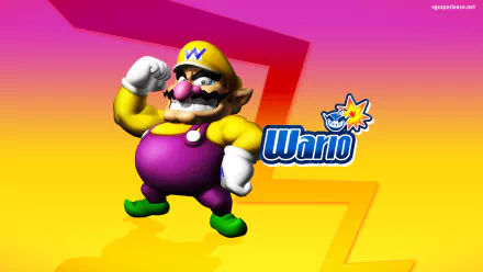 HD PC desktop wallpaper featuring Wario from the video game Wario Land: Super Mario Land 3, set against a vibrant yellow and pink background with the Wario logo.