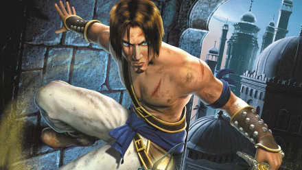 HD PC desktop wallpaper featuring the Prince from the video game Prince of Persia: The Sands of Time in an action pose against a palace backdrop.