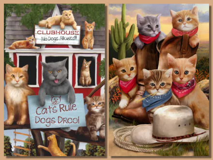 A humorous HD desktop wallpaper featuring a group of cat characters wearing bandanas, promoting a playful rivalry with dogs. The scene combines whimsy with charming animal imagery.