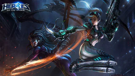 HD wallpaper featuring characters from the video game Heroes of the Storm, showcasing dynamic action and futuristic themes with striking colors and detailed designs.